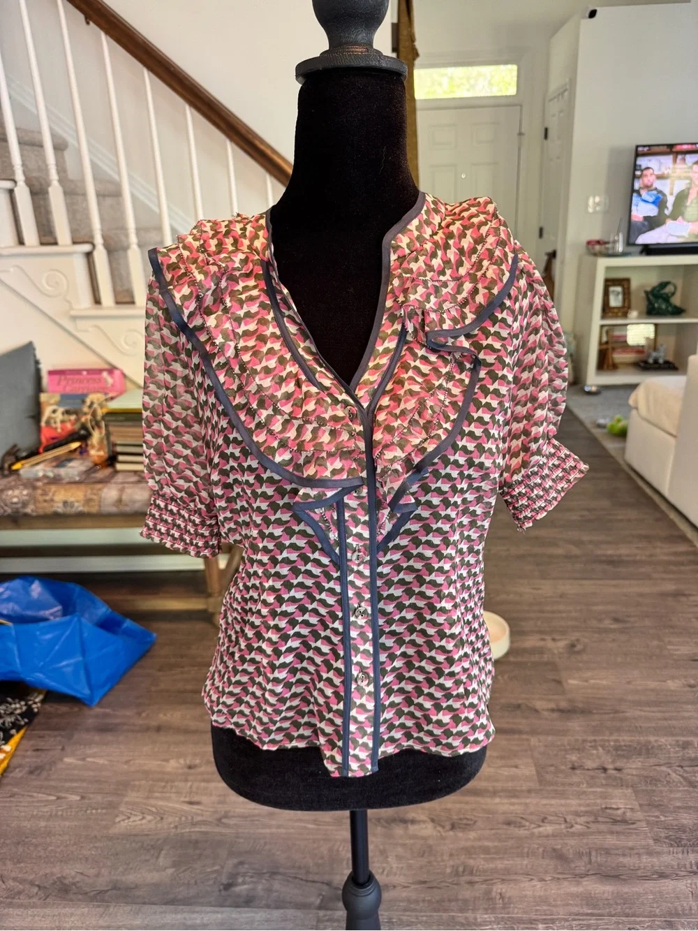 Odille Pink Geometric Ruffle-Trim Blouse - Picture 8 of 9